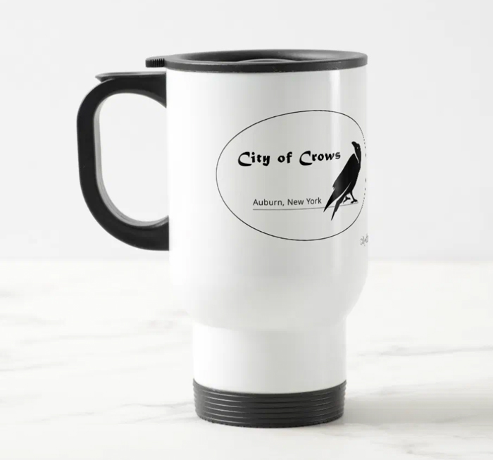 White stainless steel travel mug with City of Crows Logo Graphic